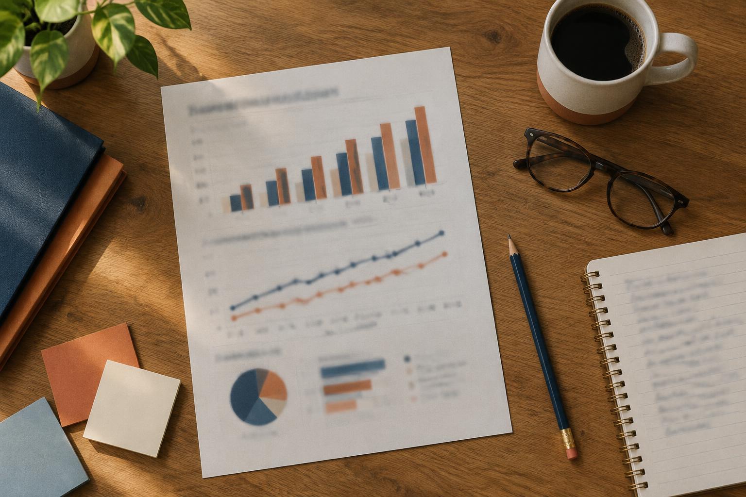 Overhead view of a planning table with a printed data report, notebook, glasses, and a mug of coffee