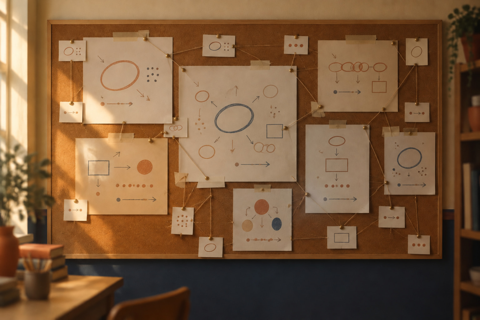 A wall of connected planning papers pinned to a board