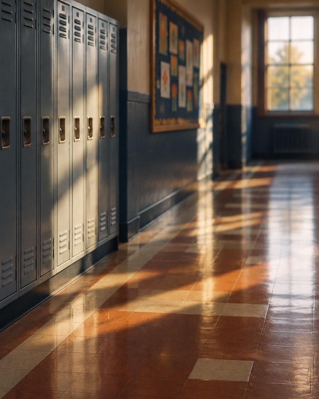 A quiet school hallway in morning light, lockers along one wall and a sunlit floor