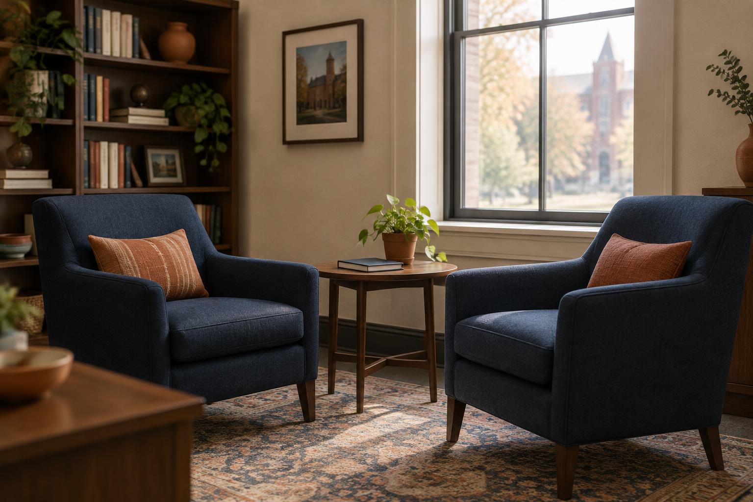 Two armchairs facing each other near a window in a quiet office, with a small table and bookshelf